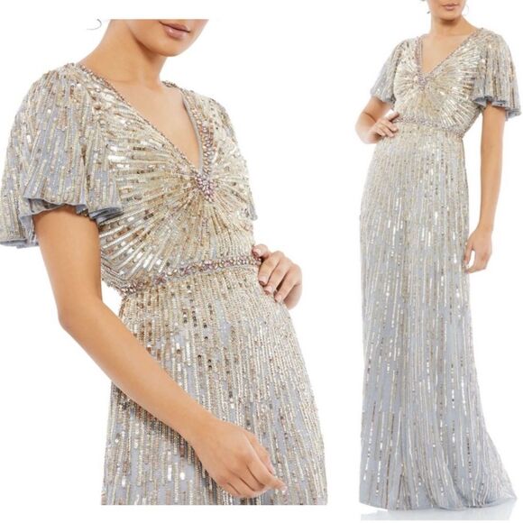 Mac Duggal 5538 Embellished V-Neck Butterfly Sleeve Column Platinum Gown, Size 4 - Picture 13 of 13